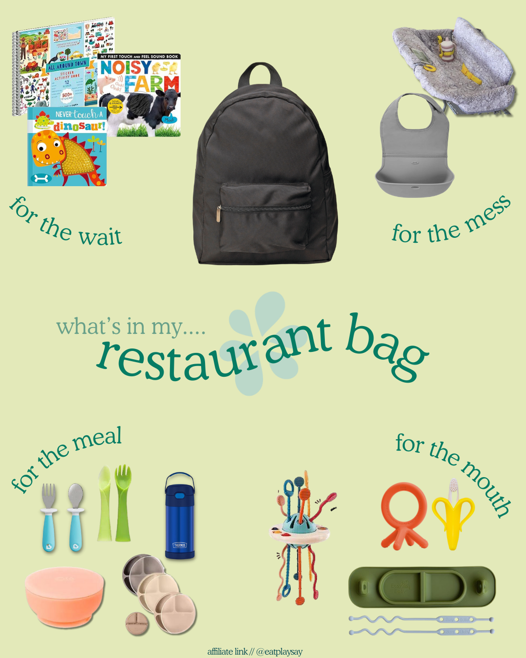  You don’t need to  weigh down your diaper bag  with things you only use every once in a while! Pack an old backpack and leave it in the car! Then bring it in with you next time you go out to eat. AND you’ll have it in the car in case you last minute decide to eat out. Trust me, you’ll thank me later!! 