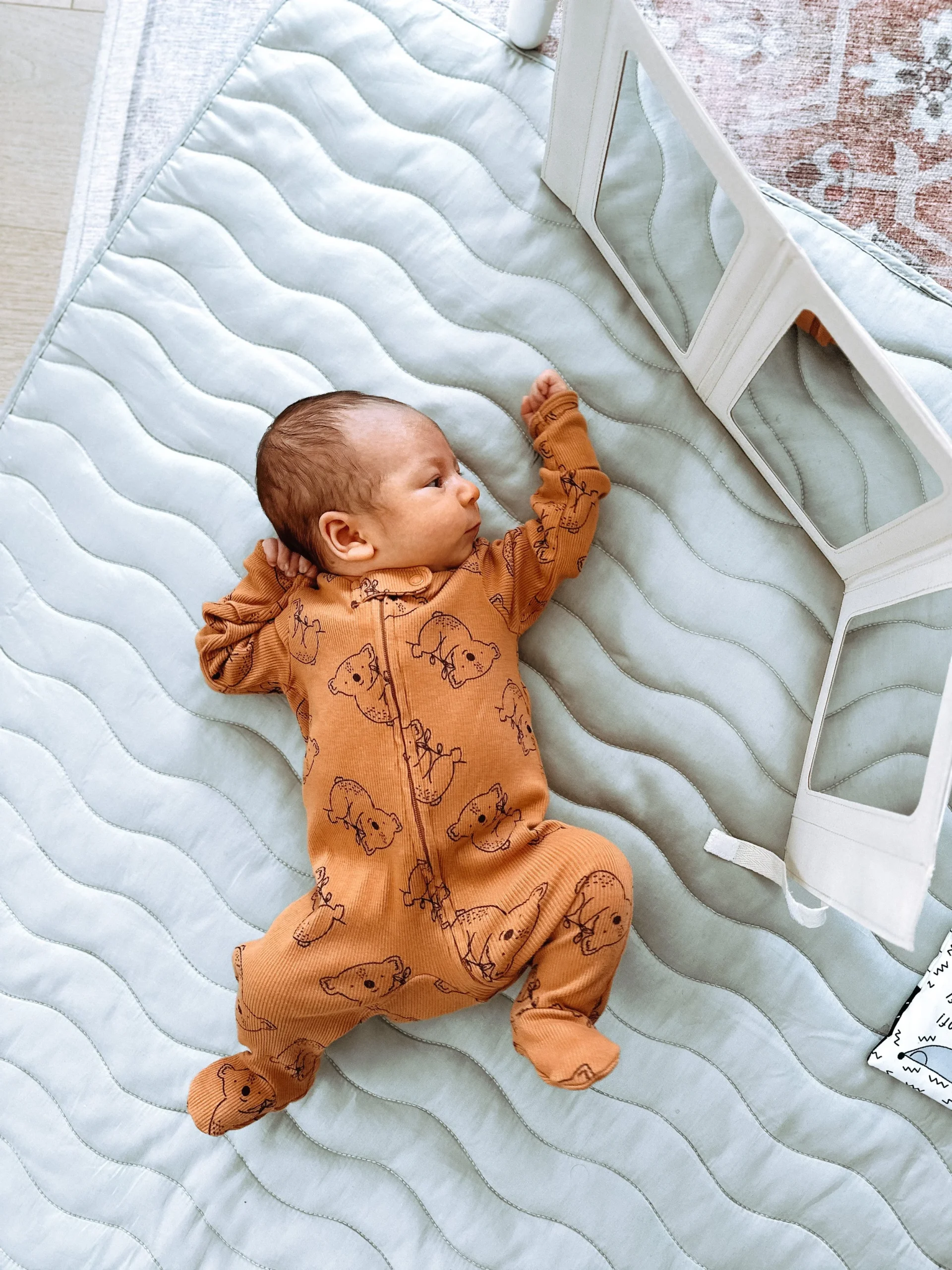 A comfy mat on the floor with a mirror and a few toys is a PERFECT play for baby to plat! We love this play gym since it comes with a mat, a wooden toy bar, toys, and a three-sided mirror! “ EATPLAYSAY ” saves 10%.