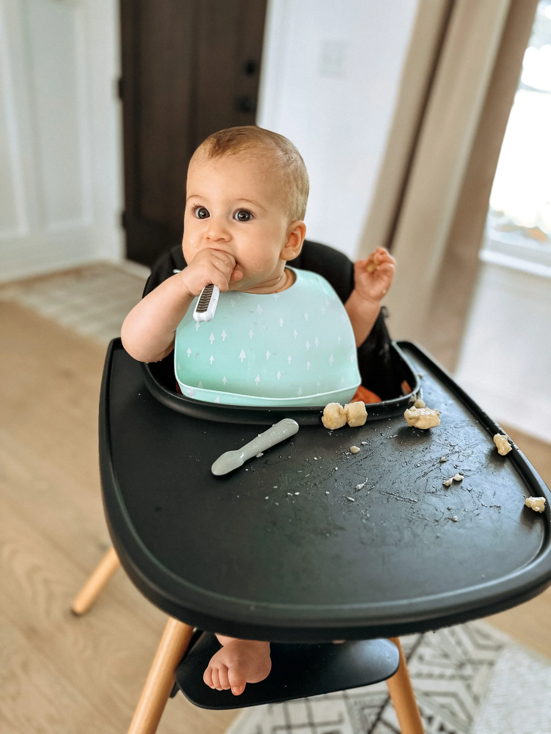 An infant or supportive cushion can make a big difference! These are great to use when baby is smaller and needs more support, and then take them off once baby grows! It also increases the lifespan of your high chair. This one is our favorite!