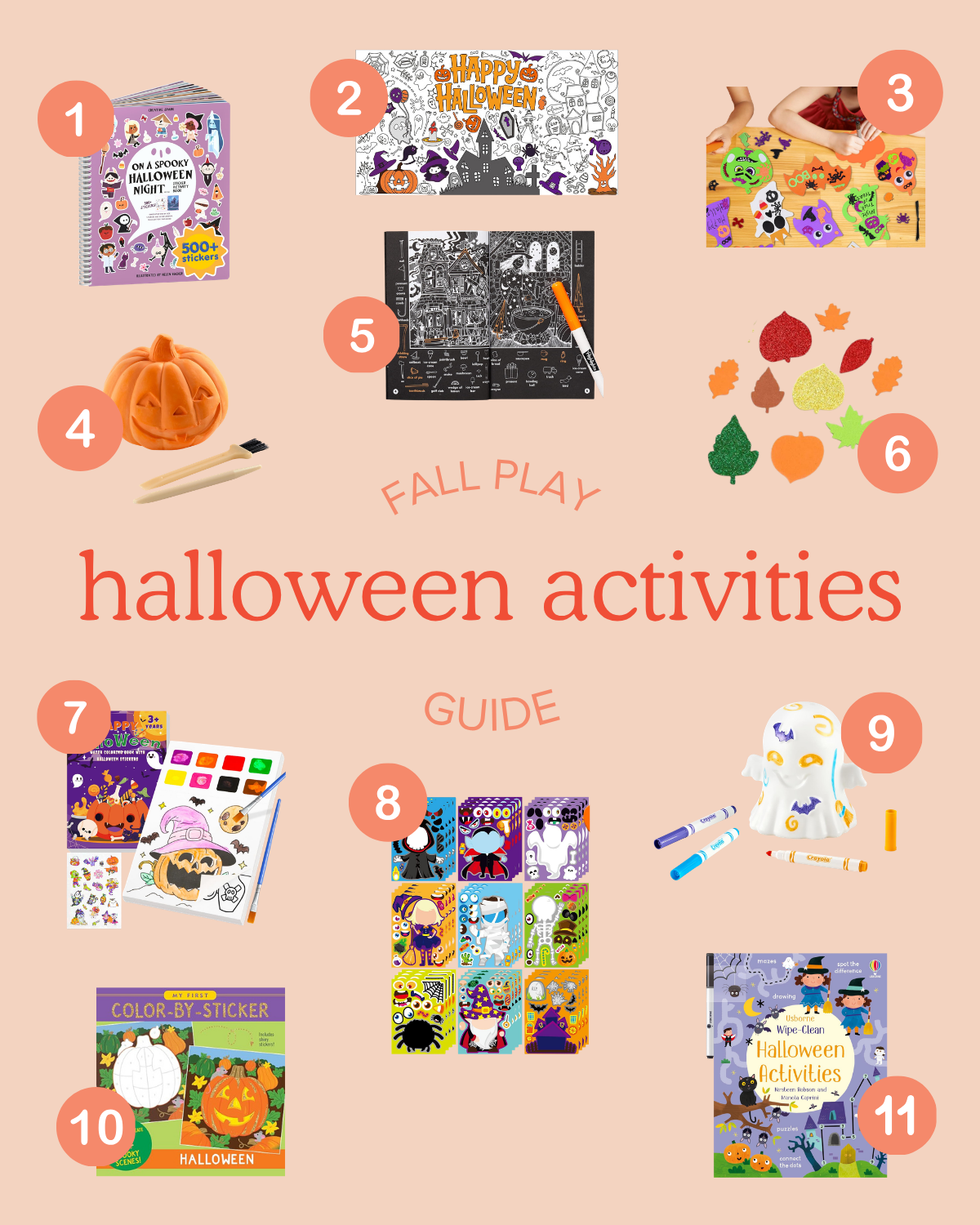 round up graphic of arts and crafts halloween toys like sticker books and other activities