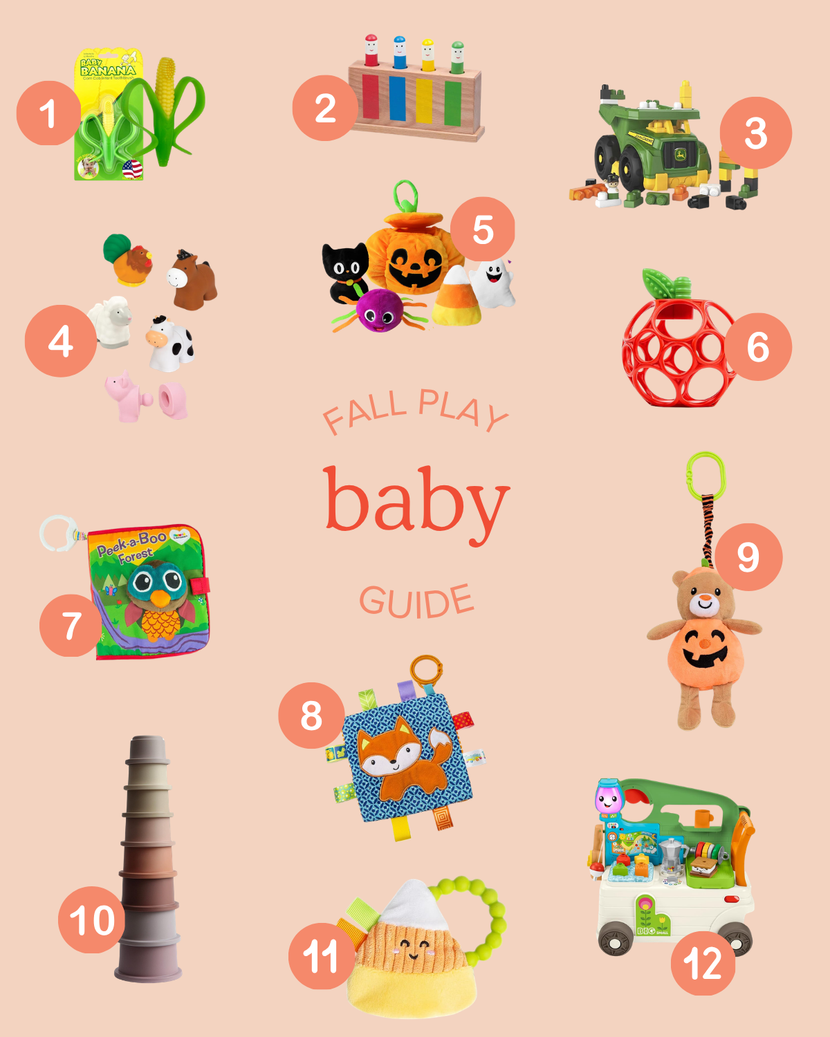 round up graphic of fun and functional fall and halloween themed toys for babies