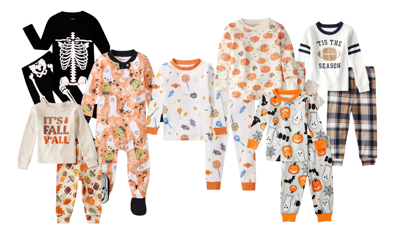 mashup graphic of fall and Halloween pajamas for babies and toddlers