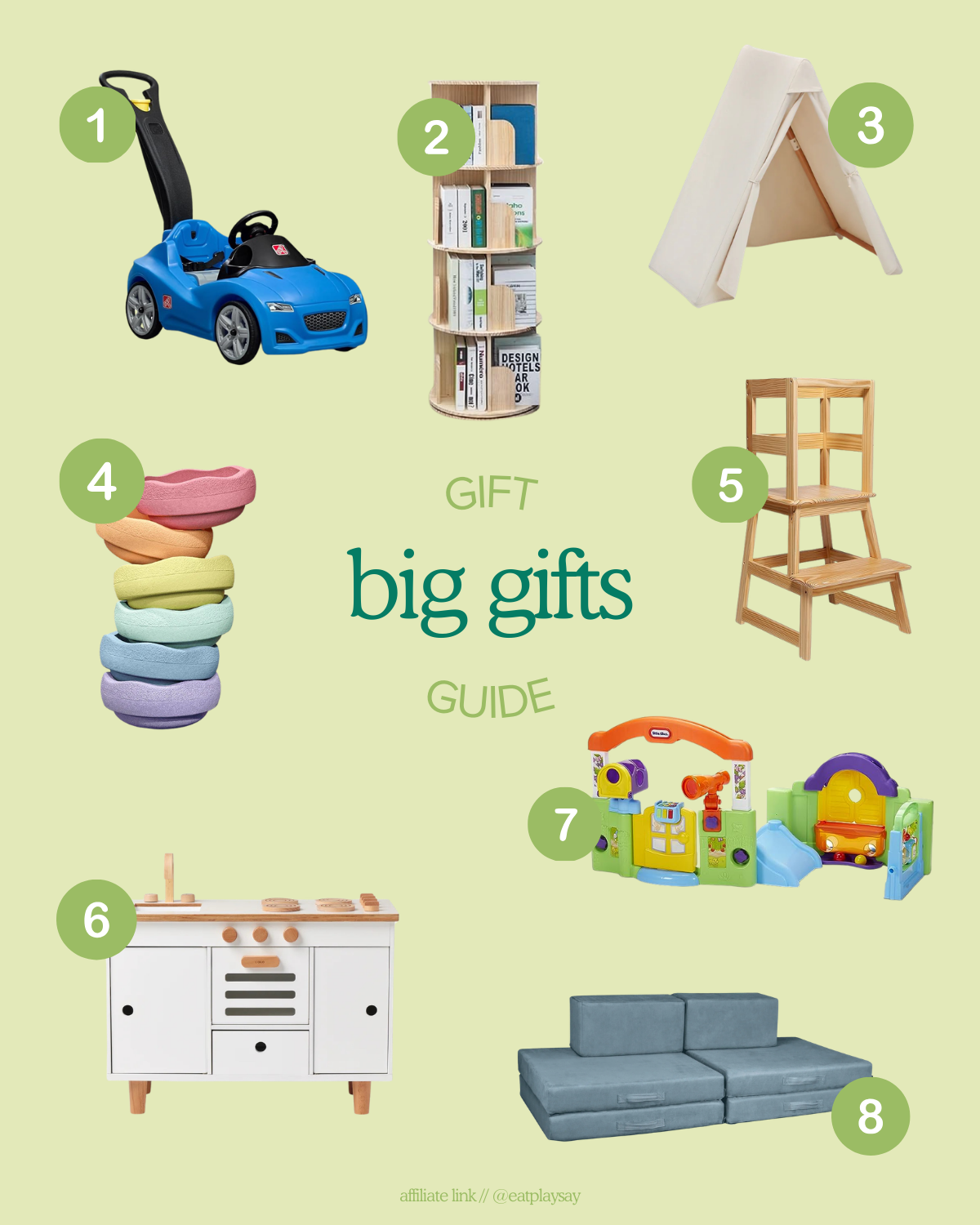 Bigger ticket gift ideas for 1-year-olds shown in a round up graphic, featuring items like bookshelves, play couches, and a toddler tower. Part of a gift guide.