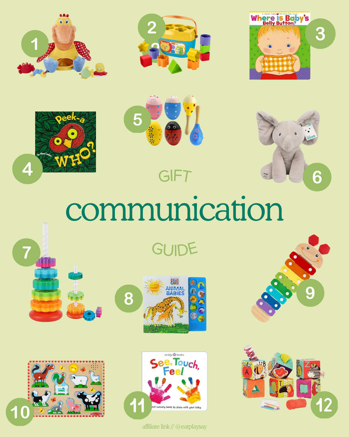 Gift ideas for 1-year-olds shown in a round up graphic, featuring items like toys and books that encourage communication. Part of a gift guide.