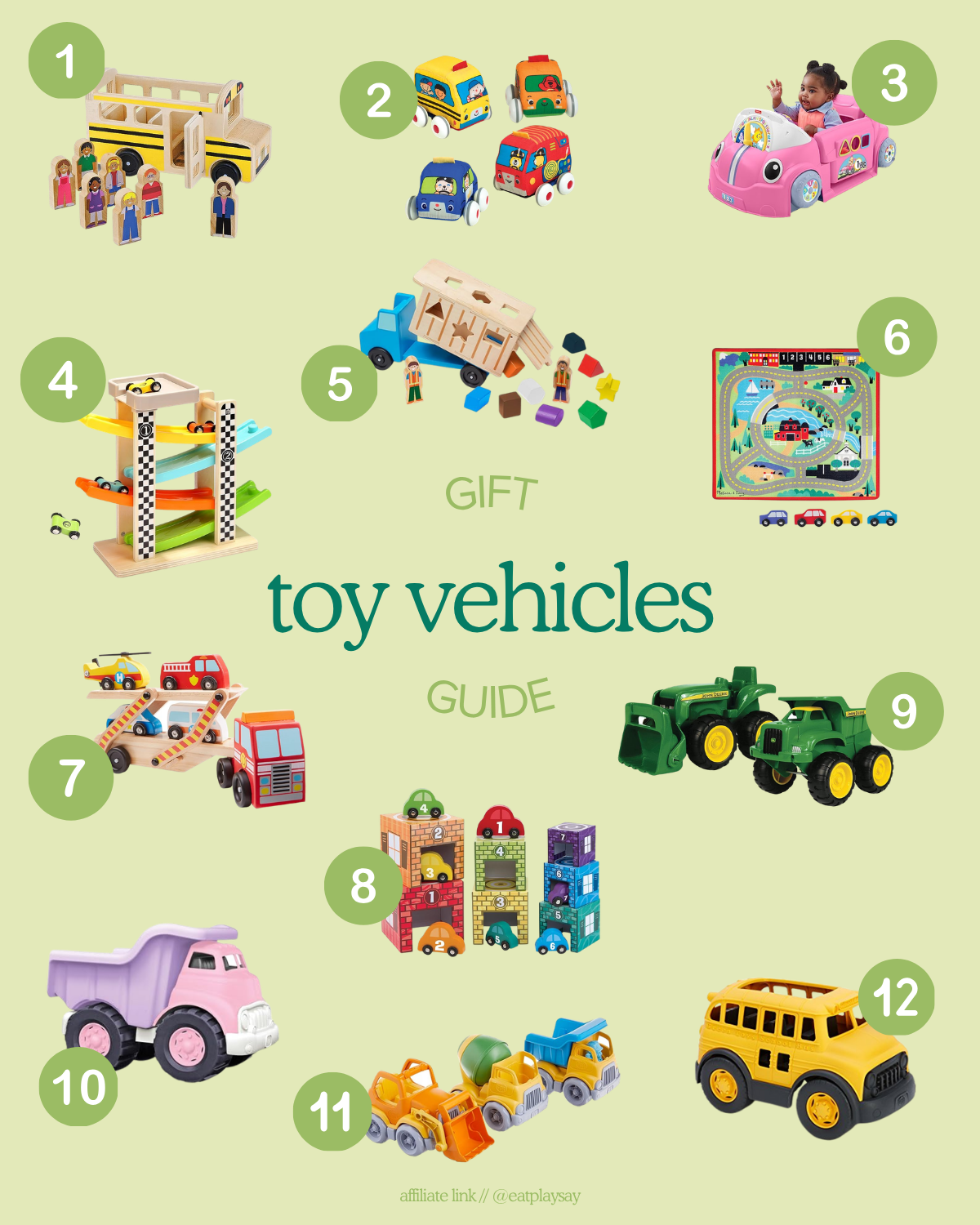 round up graphic of toy vehicles for 1 year olds on a gift guide