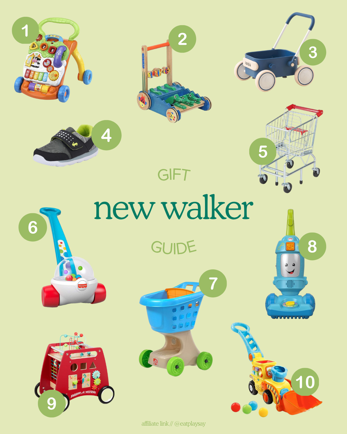 round up graphic of toys for new walkers including push toys and shopping carts