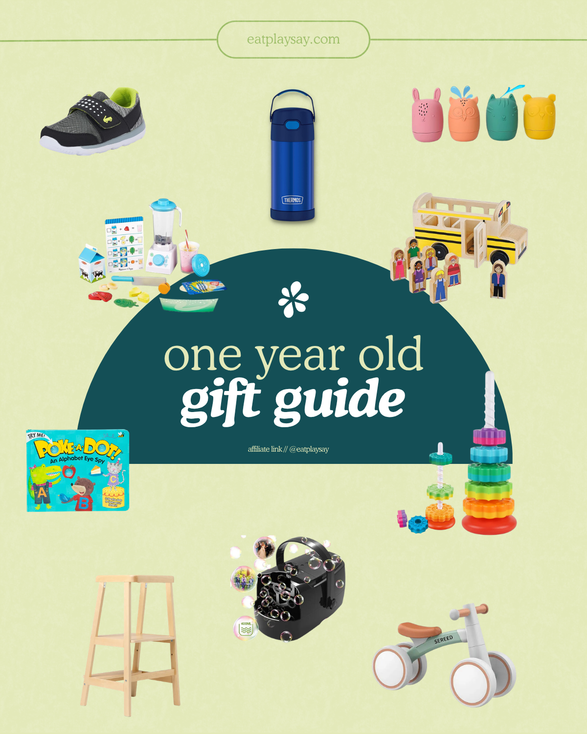 Gift guide image showing collage of top gifts for 1-year-olds, including pretend play sets, books, and sensory toys.