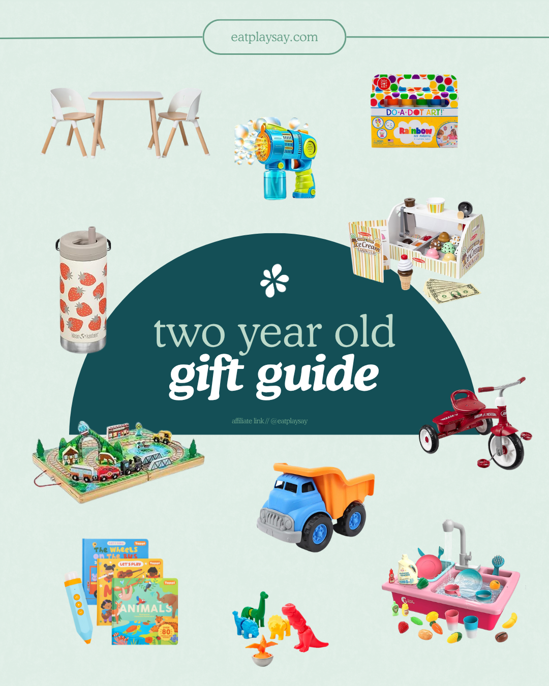 round up graphic of some of the best gifts for 2 year olds from pretend play to outdoor play and more