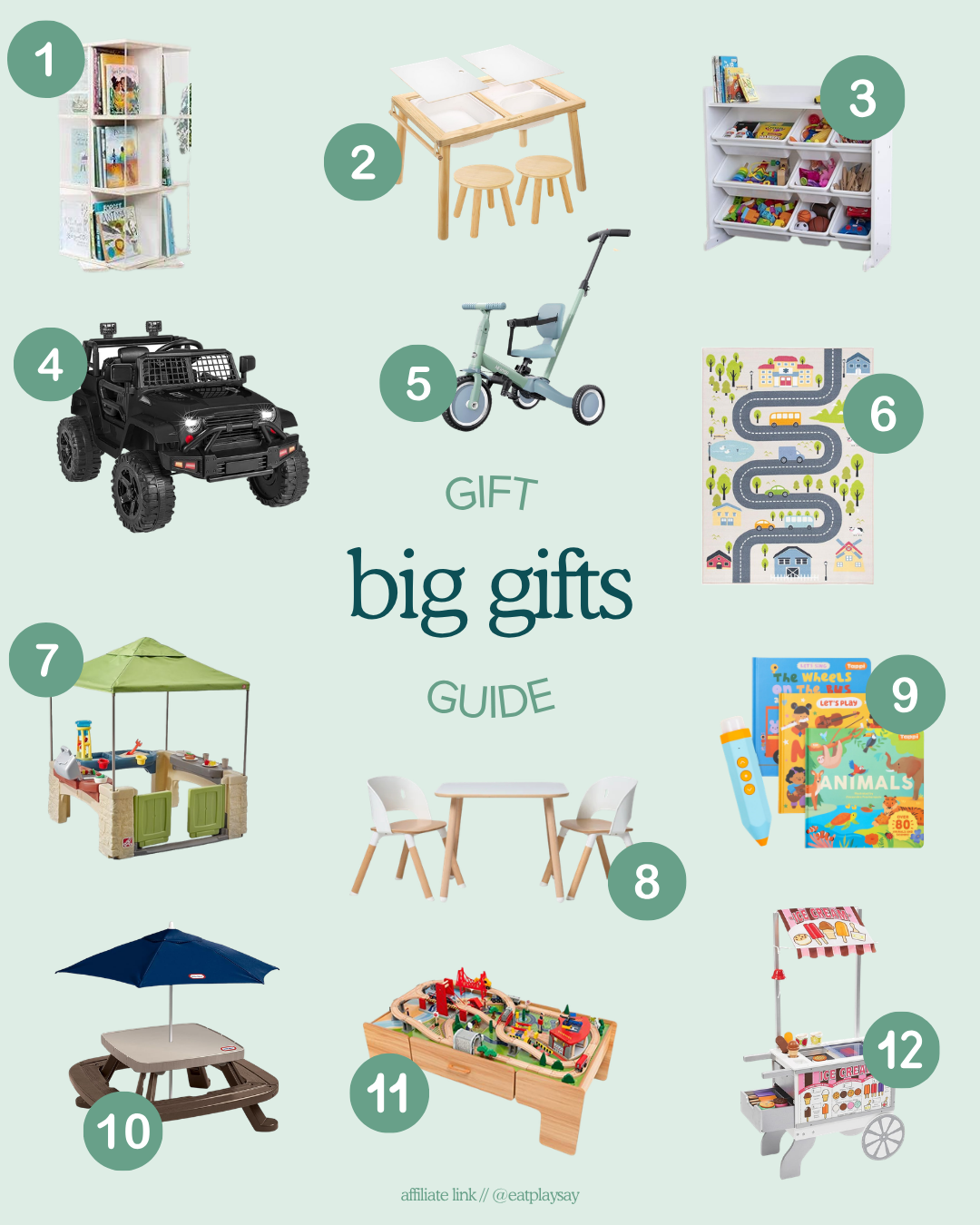 Big ticket gift ideas for 2-year-olds shown in a round up graphic, featuring items like ride-on toys, car rugs, and train tables. Part of a gift guide.