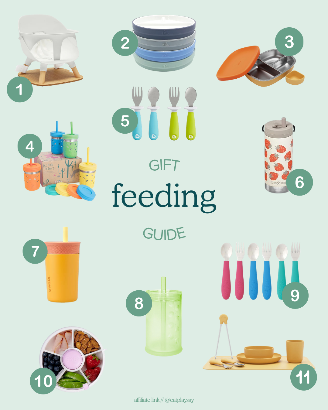 Practical feeding gift ideas for 2-year-olds shown in a round up graphic, featuring items like water bottles, Bento boxes, and utensils. Part of a gift guide.