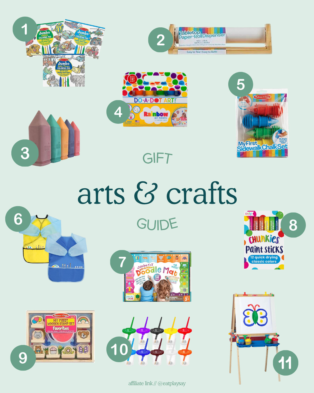 Arts & crafts gift ideas for 2-year-olds shown in a round up graphic, featuring items like stamps, chalk, and art smocks. Part of a gift guide.