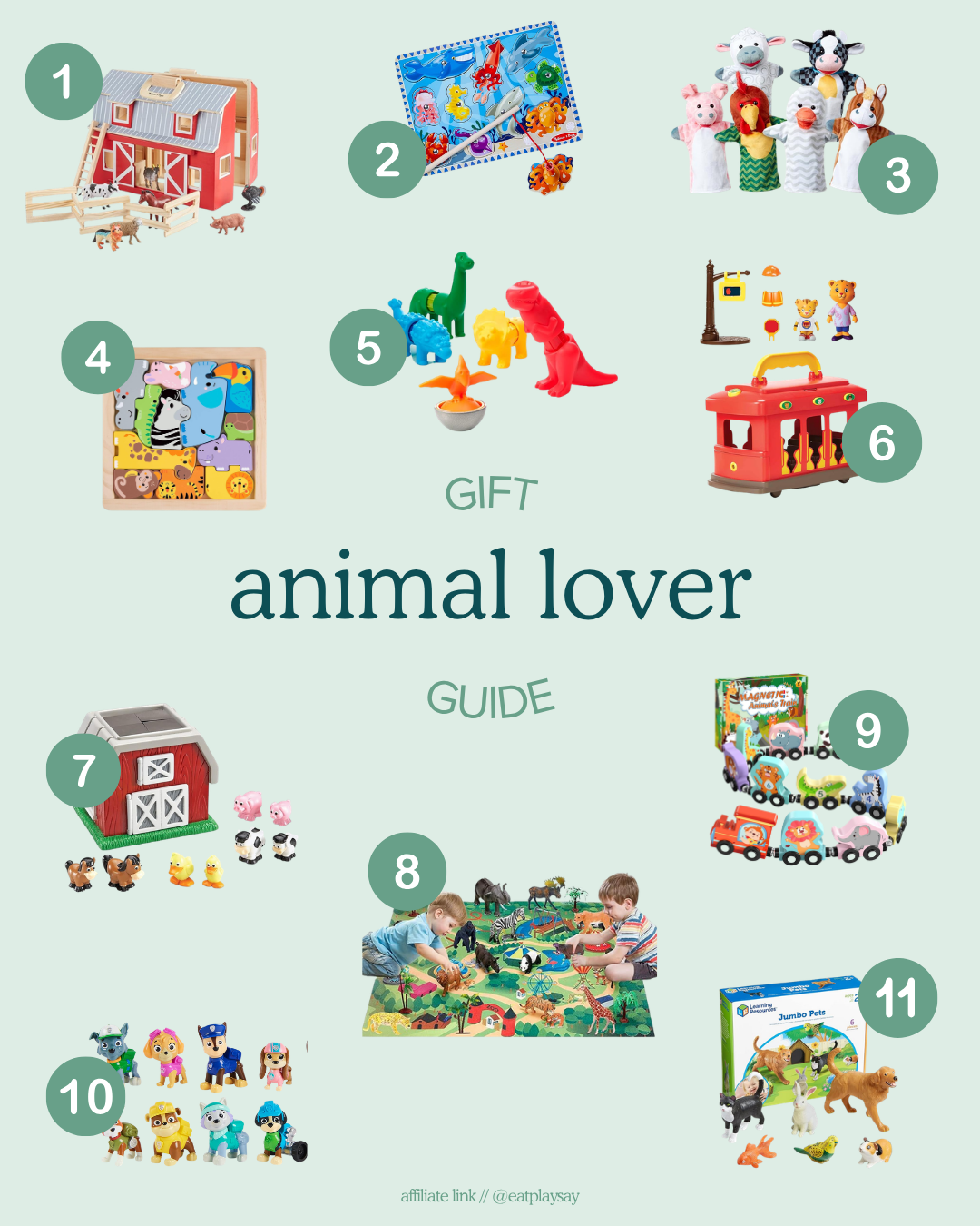 Gift ideas for 2-year-olds who love animals shown in a round up graphic, featuring items like barn toys, animal puppets, and other animal-themed toys. Part of a gift guide.