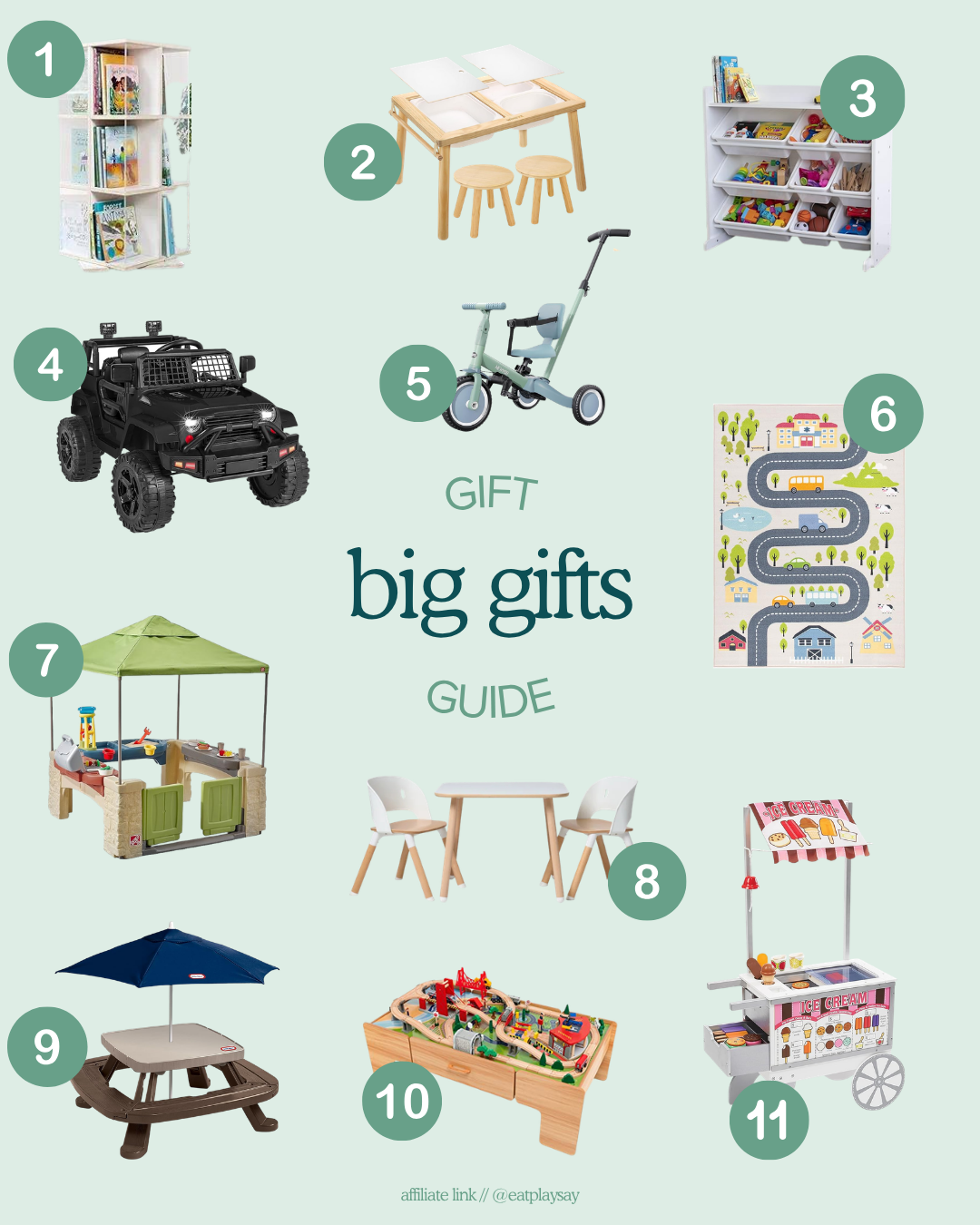 Big ticket gift ideas for 2-year-olds shown in a round up graphic, featuring items like ride-on toys, car rugs, and train tables. Part of a gift guide.