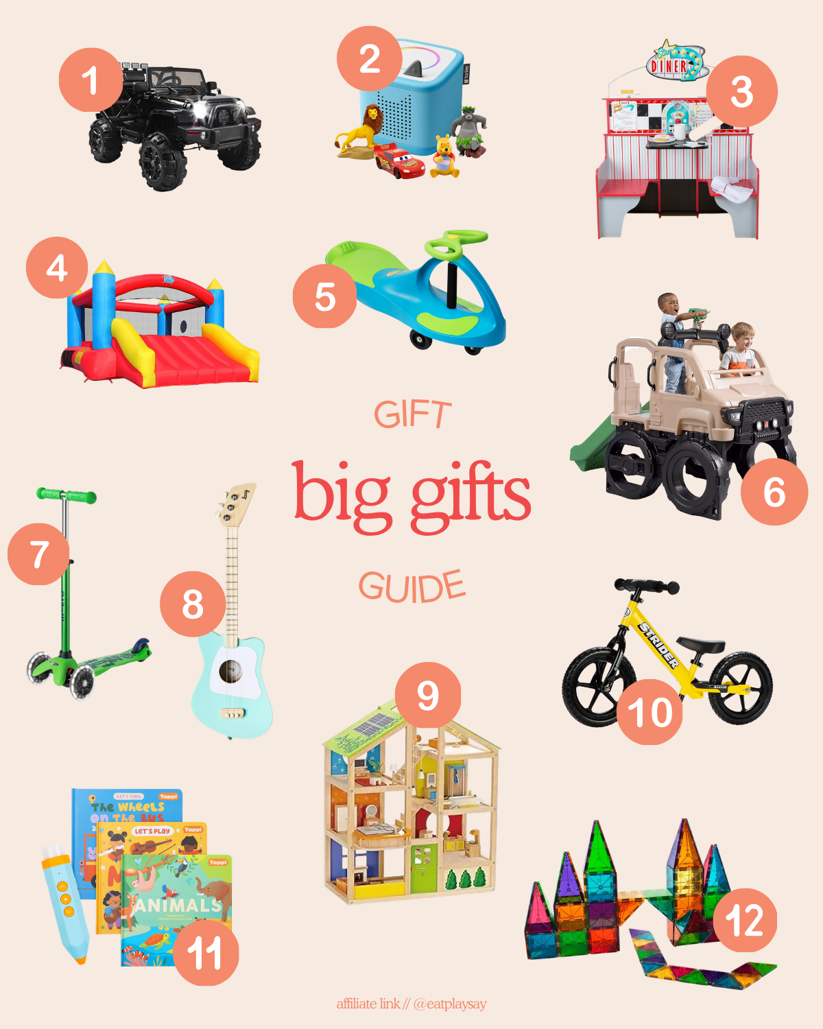 Bigger ticket gift ideas for 3-year-olds shown in a round-up graphic, featuring items like ride-on toys, a TonieBox, and dollhouse. Part of a gift guide.