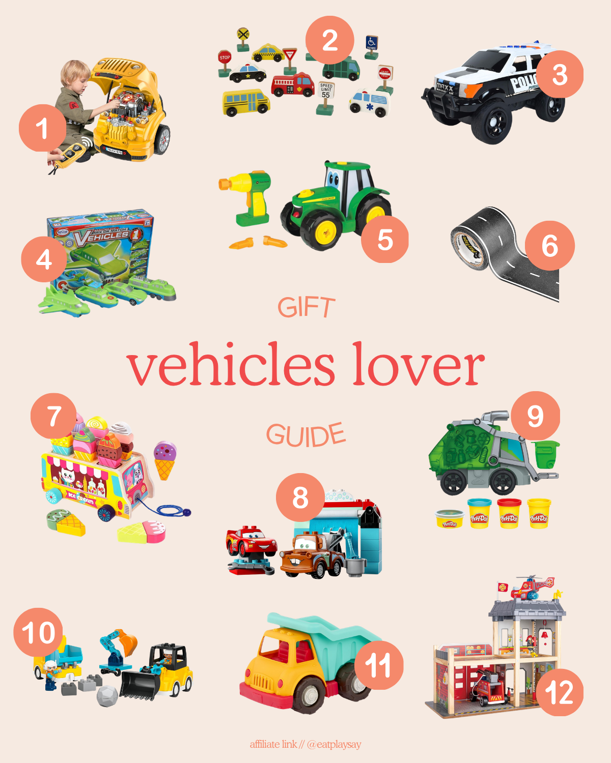 Play vehicle gift ideas for 3-year-olds shown in a round-up graphic, featuring items like road tape, dump trucks, and transportation-themed toys. Part of a gift guide.