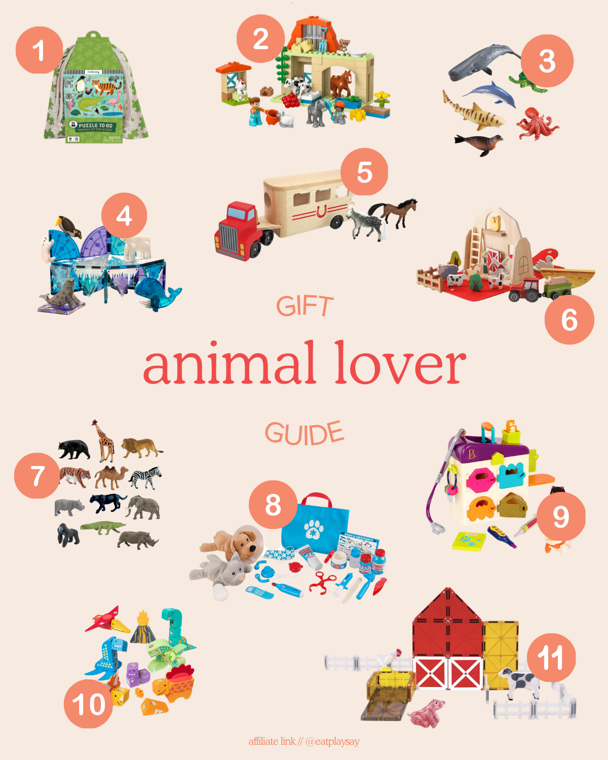 Animal-themed gift ideas for 3-year-olds shown in a round-up graphic, featuring items like animal puzzles, barn toys, and animal figurines. Part of a gift guide.