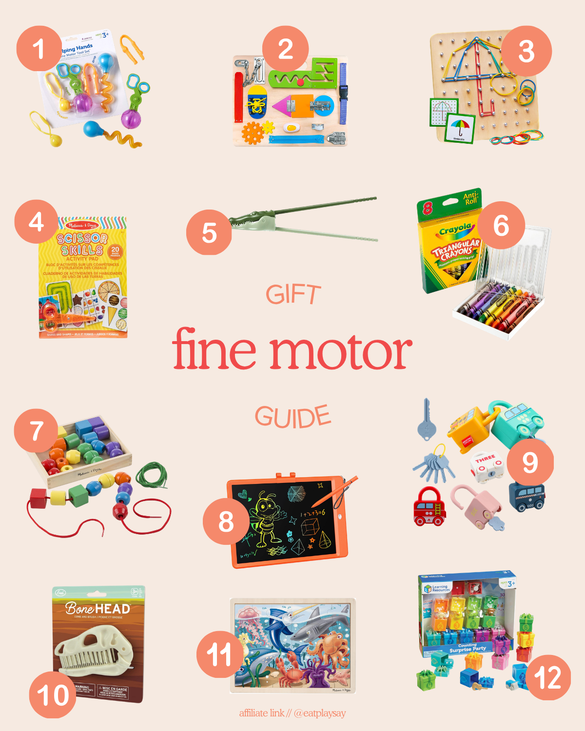 Fine motor gift ideas for 3-year-olds shown in a round-up graphic, featuring items like lacing beads, drawing tablets, and scissor skills books. Part of a gift guide.