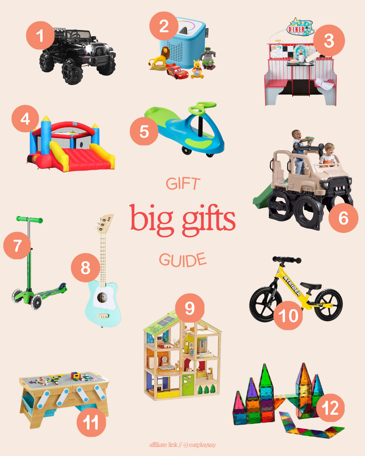 Bigger ticket gift ideas for 3-year-olds shown in a round-up graphic, featuring items like ride-on toys, a TonieBox, and dollhouse. Part of a gift guide.