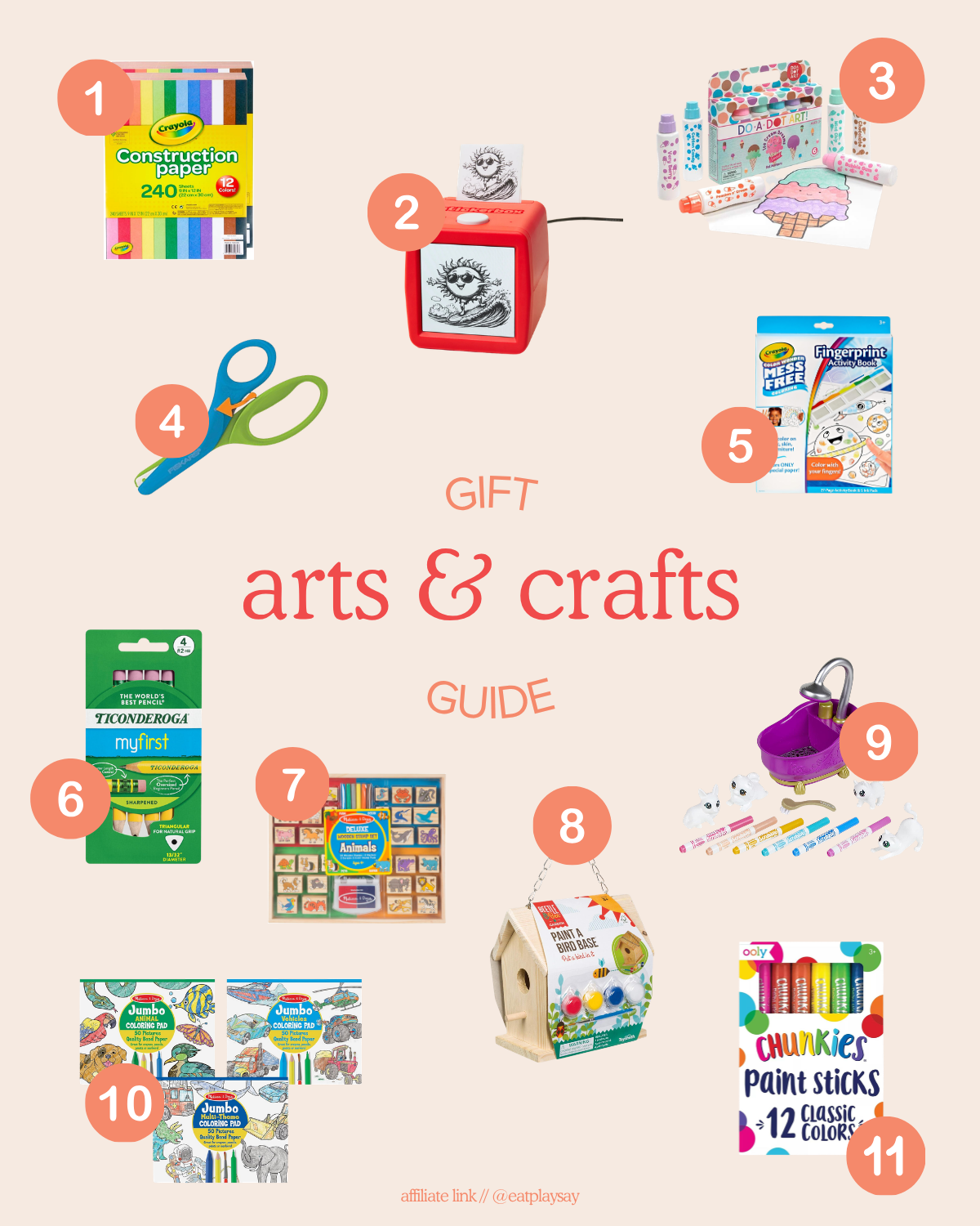 Arts and crafts gift ideas for 3-year-olds shown in a round-up graphic, featuring items like coloring books, paint sticks, and mess-free markers. Part of a gift guide.