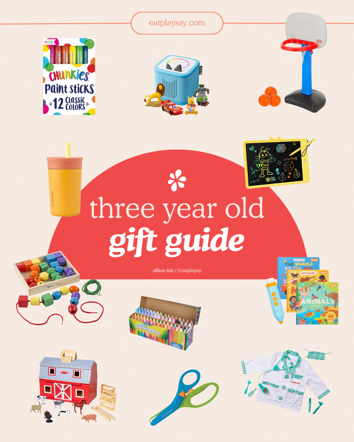 round-up image of different gift ideas for 3 year olds from a gift guide