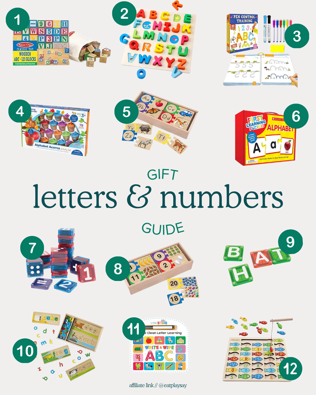 Collage of 12 learning toys featured in our gift guide for 4-year-olds, including alphabet and number puzzles and manipulatives