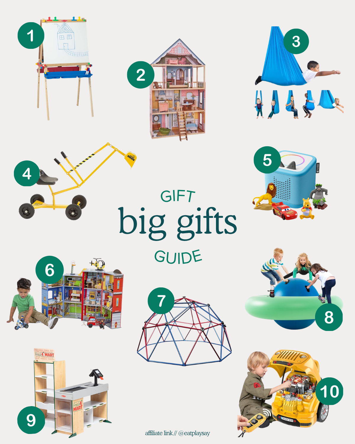 Bigger ticket gift ideas for 4-year-olds shown in a round-up graphic, featuring items like an art easel, climbing dome, and dollhouse. Part of a gift guide.