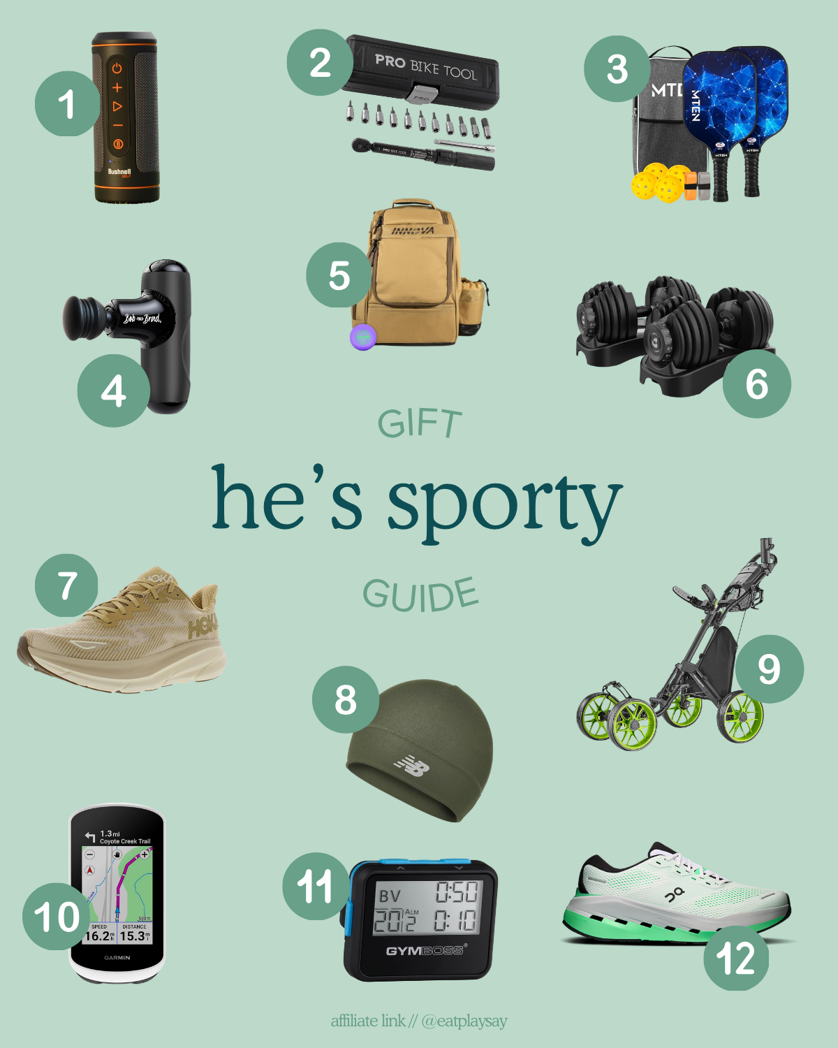 round up graphic of gift ideas for dads who love sports and fitness. Part of a gift guide