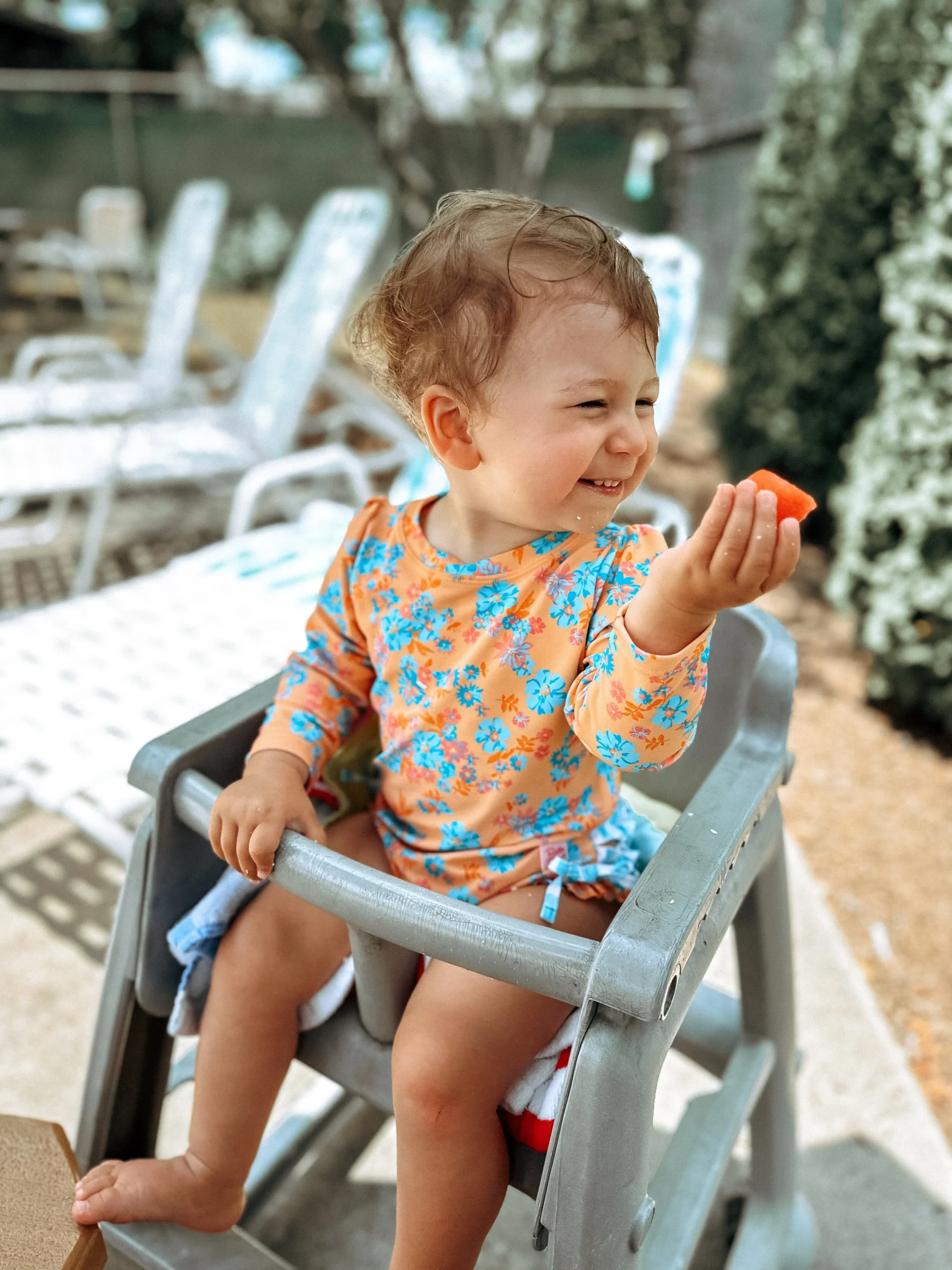  My toddler, Penelope, 15 months, eating watermelon and cheese as a balanced snack. 