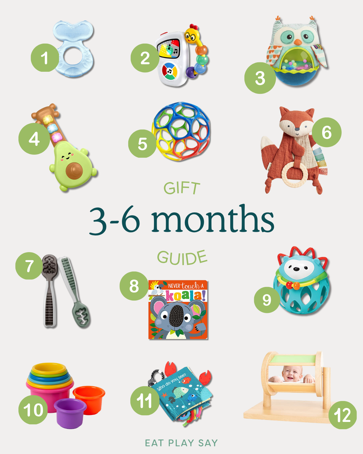 round up graphic of the best toys for 3-6 month olds 