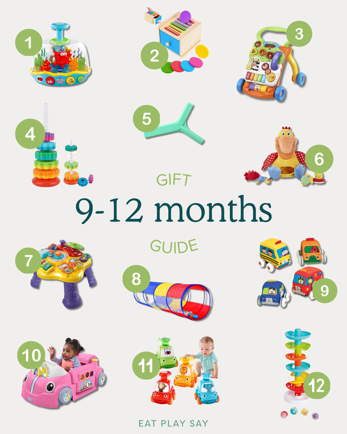 Round-up graphic showing the top 12 toy gift ideas for ages 9-12 months including activity tables and crawling tunnels