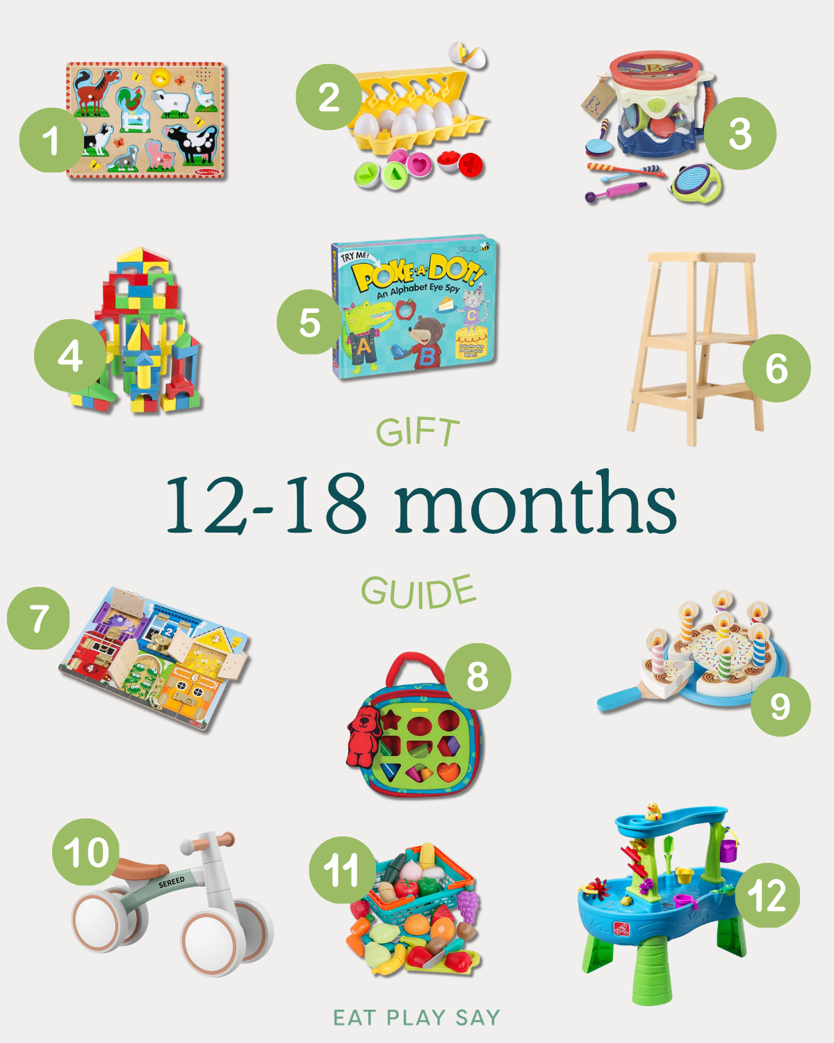 round up graphic of the best toys for 12-18 month olds on a holiday gift guide for babies and toddlers