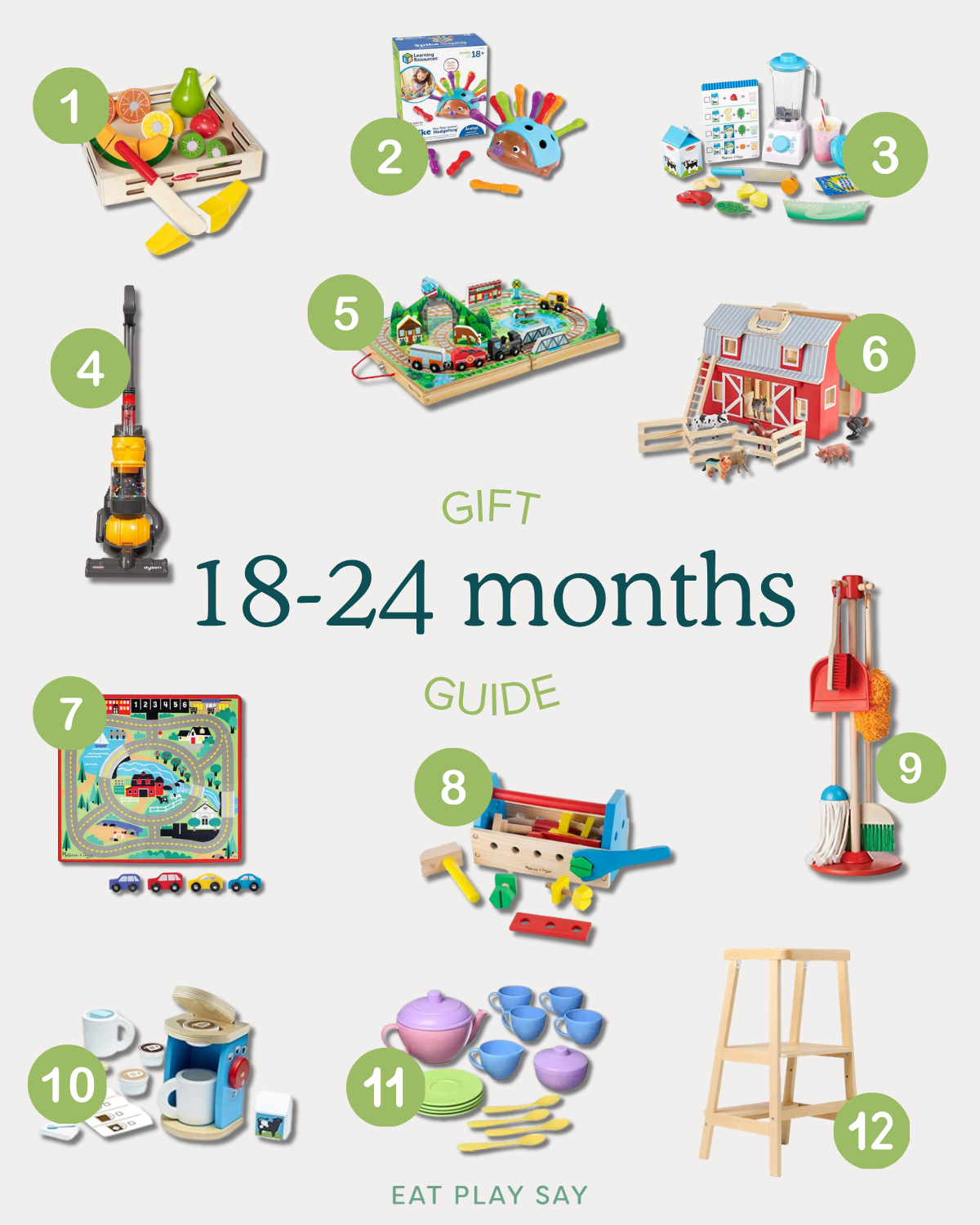 Round-up graphic showing the top 12 toy gift ideas for ages 18-24 months including many pretend play toys