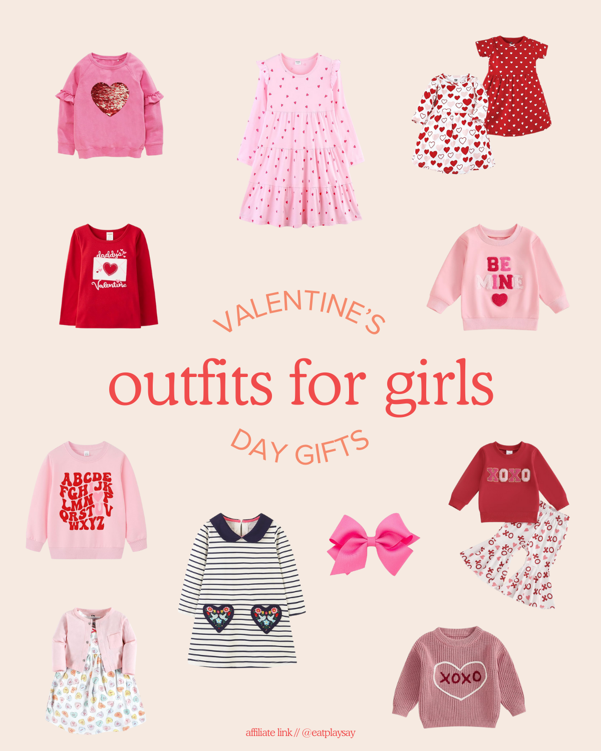round-up graphic of festive Valentine's Day outfits for toddler girls including shirts, sweatshirts, dresses and bows