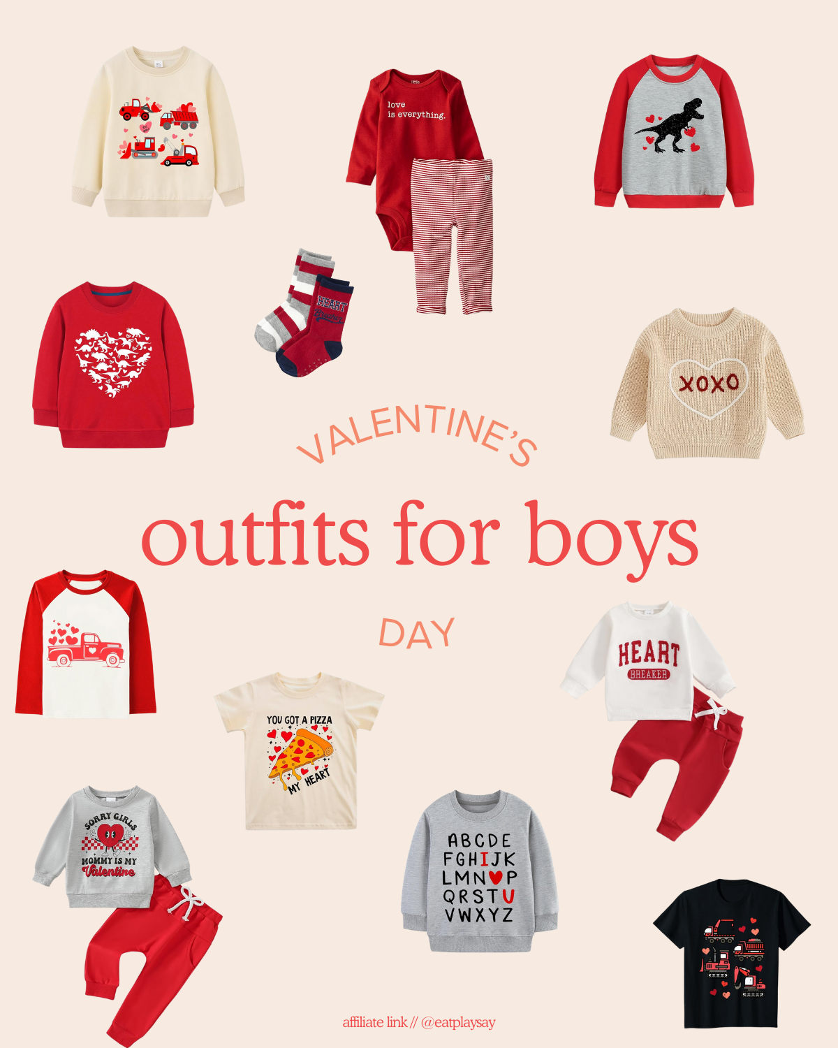 Round-up graphic of cute Valentine's Day outfits for toddler boys including sweatshirts, tops, and socks