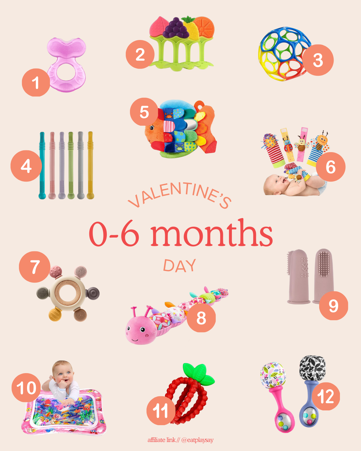 round-up graphic of the top 12 Valentine's Day gift ideas for babies 0-6 months including teethers, tummy time mats, and other toys
