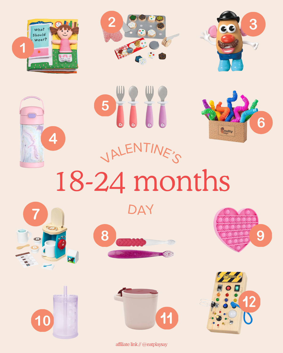round-up graphic of different Valentine's Day gifts for toddlers ranging from water bottles to affordable toys