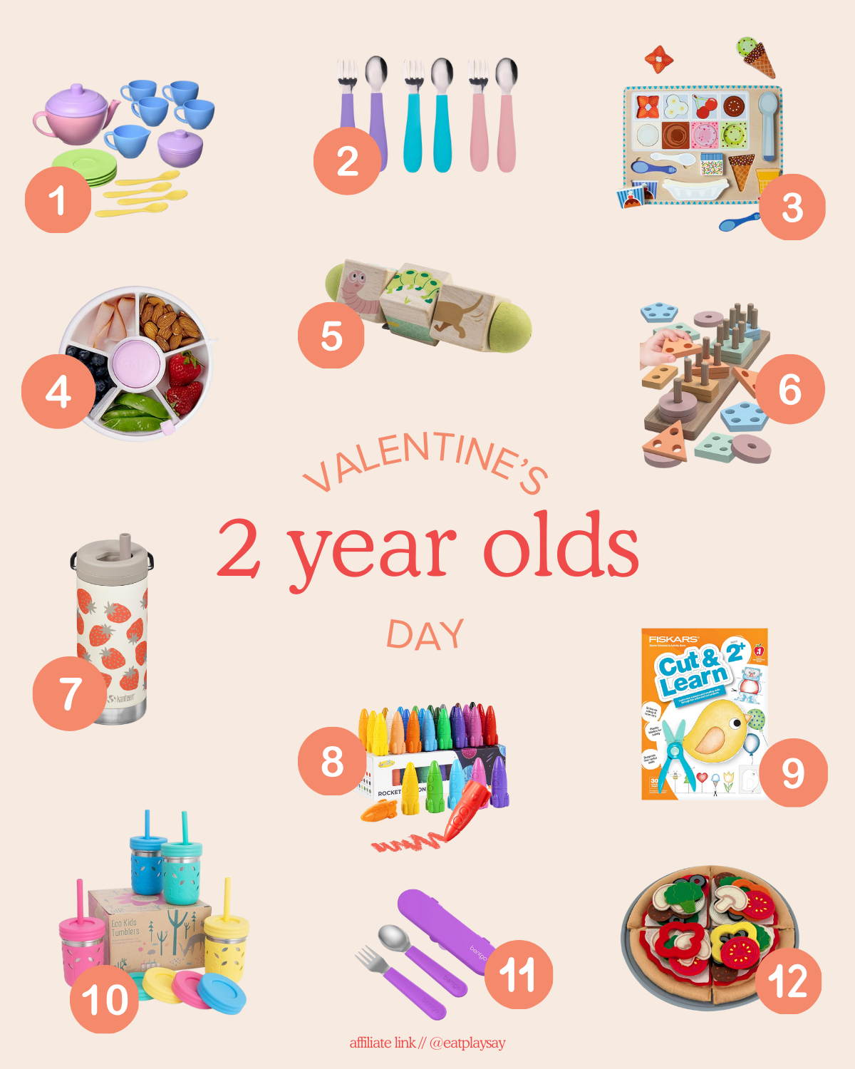 round-up graphic of the best Valentine's Day gifts for 2 year olds featuring items like snack spinners, puzzles, and a tea set