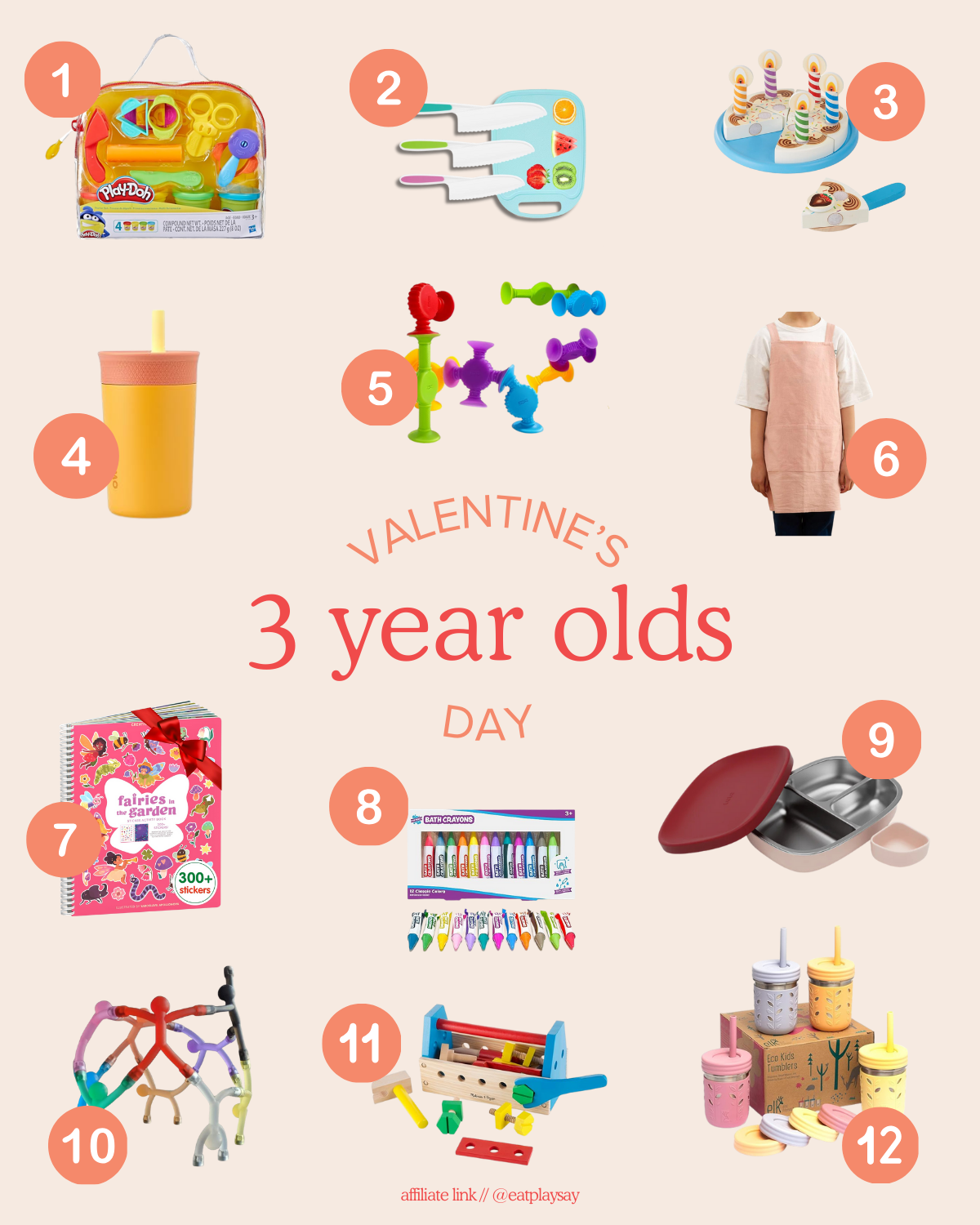 round-up graphic of the top 12 Valentine's Day gift ideas for 3 year olds including bath toys, arts and crafts, and functional gifts