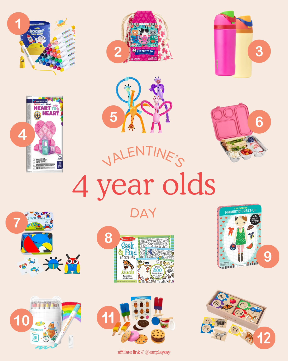 round-up graphic featuring the top 12 Valentine's Day gift ideas for 4 year olds including puzzles, coloring supplies, and water bottles