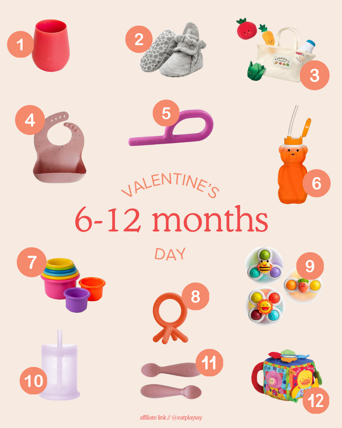 round-up graphic of the top 12 Valentine's Day gifts for 6-12 month olds including stacking cups, bibs, and baby cups