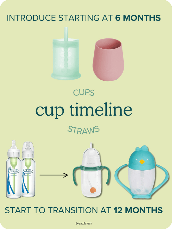 Cups timeline graphic shows the progression infants take from bottles to straw and open cups