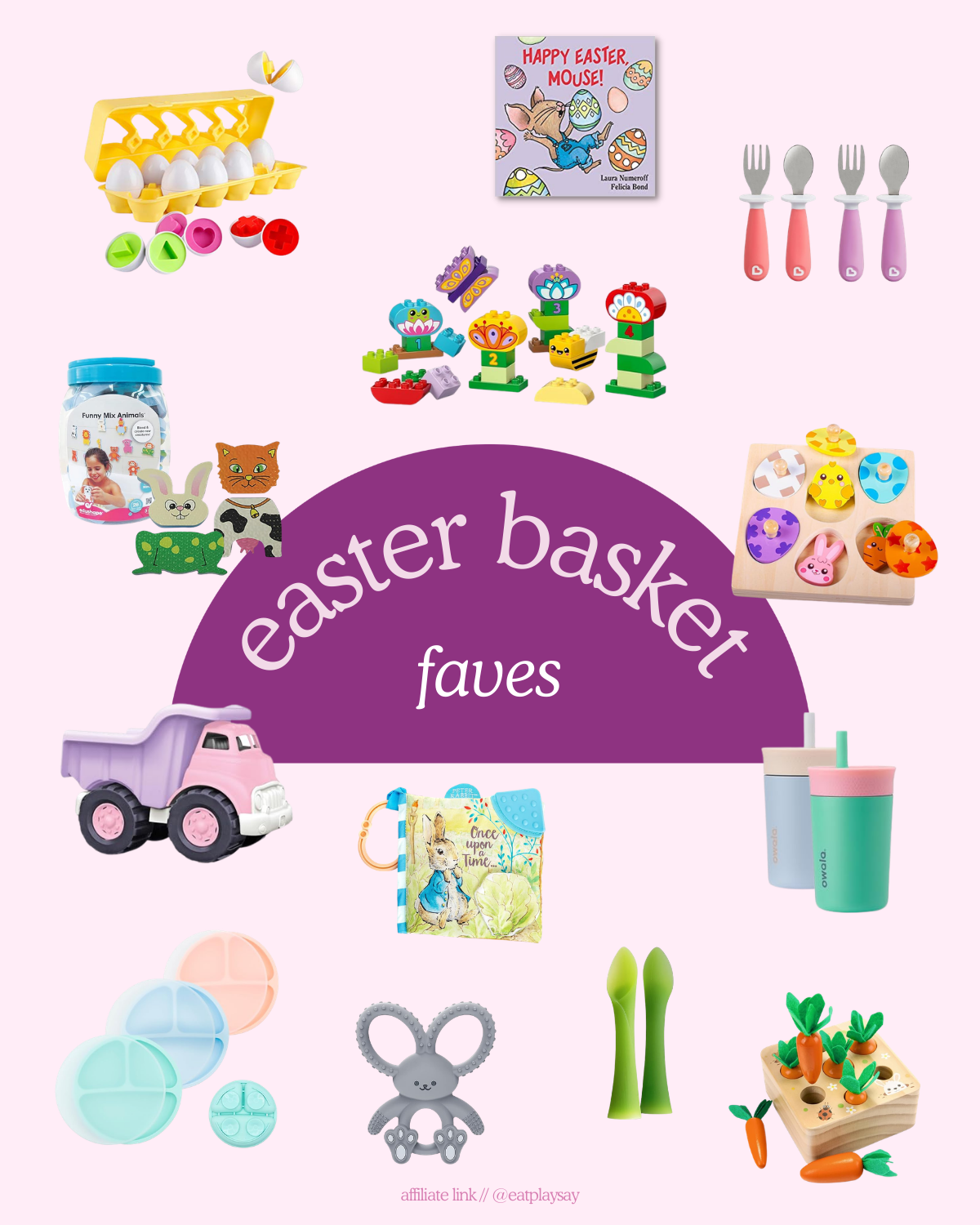 round up graphic of gift ideas for baby and toddler Easter baskets