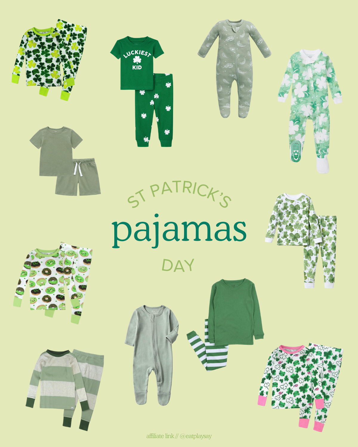 round-up graphic of St. Patrick's Day pajamas for babies and toddlers 