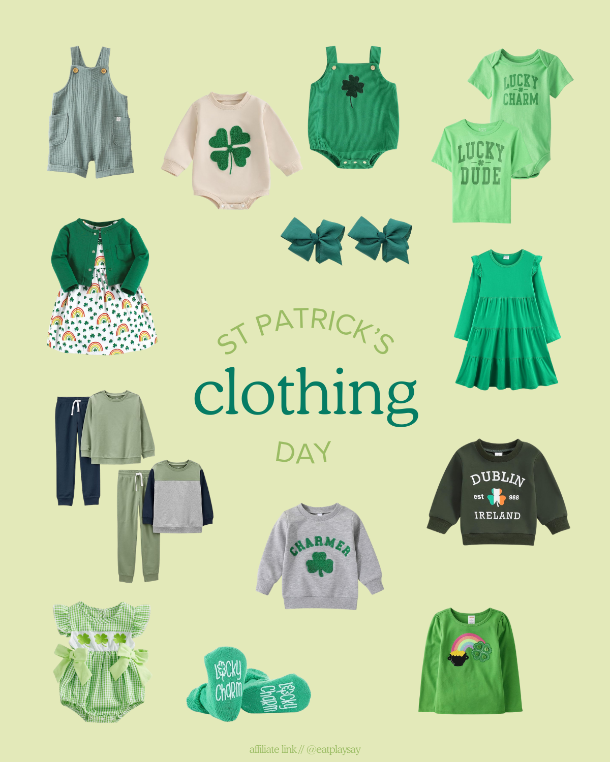 round-up graphic with St Patrick's Day themed clothing for babies and toddlers