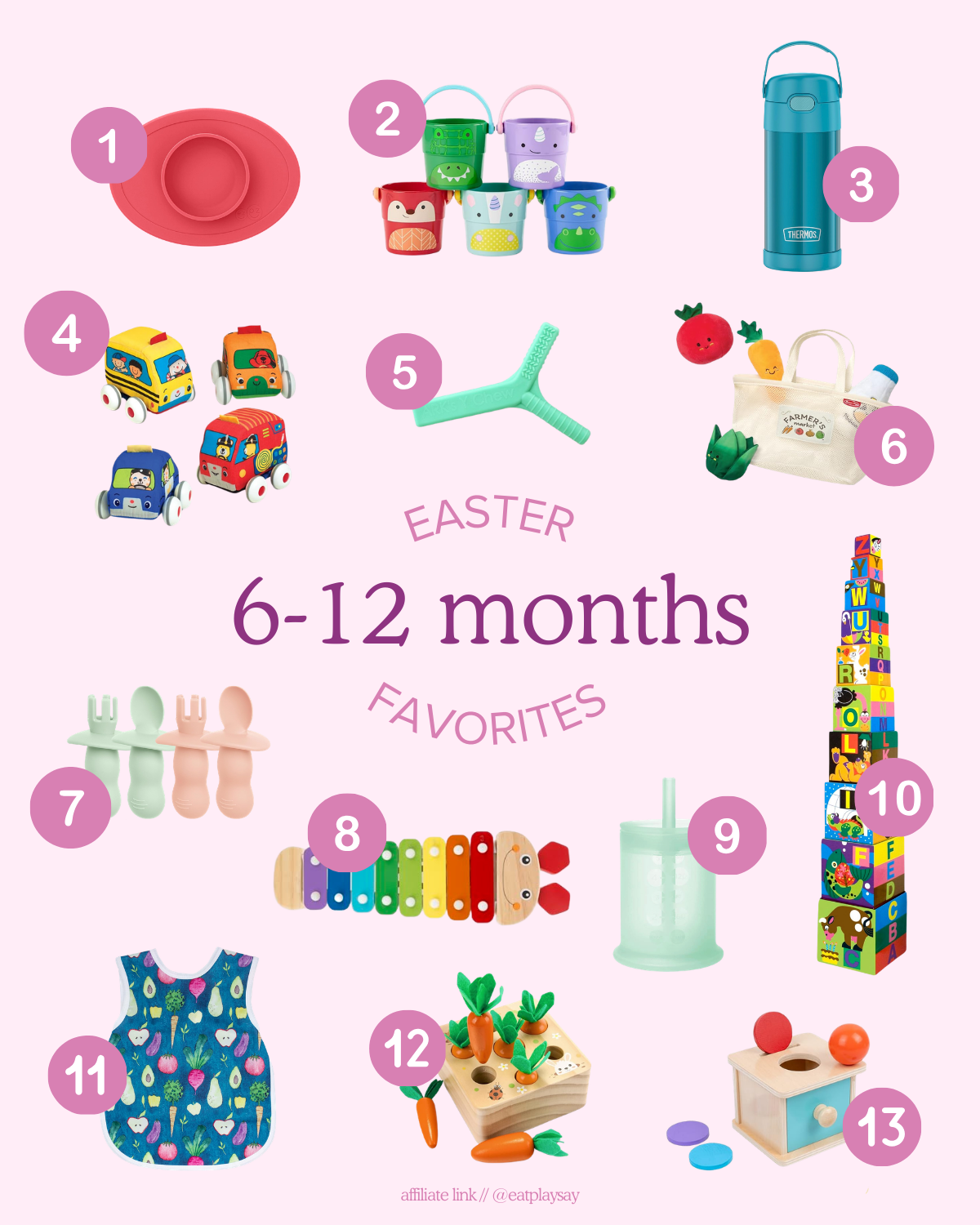easter basket ideas for 6-12 month olds including feeding utensils, blocks, and musical toys
