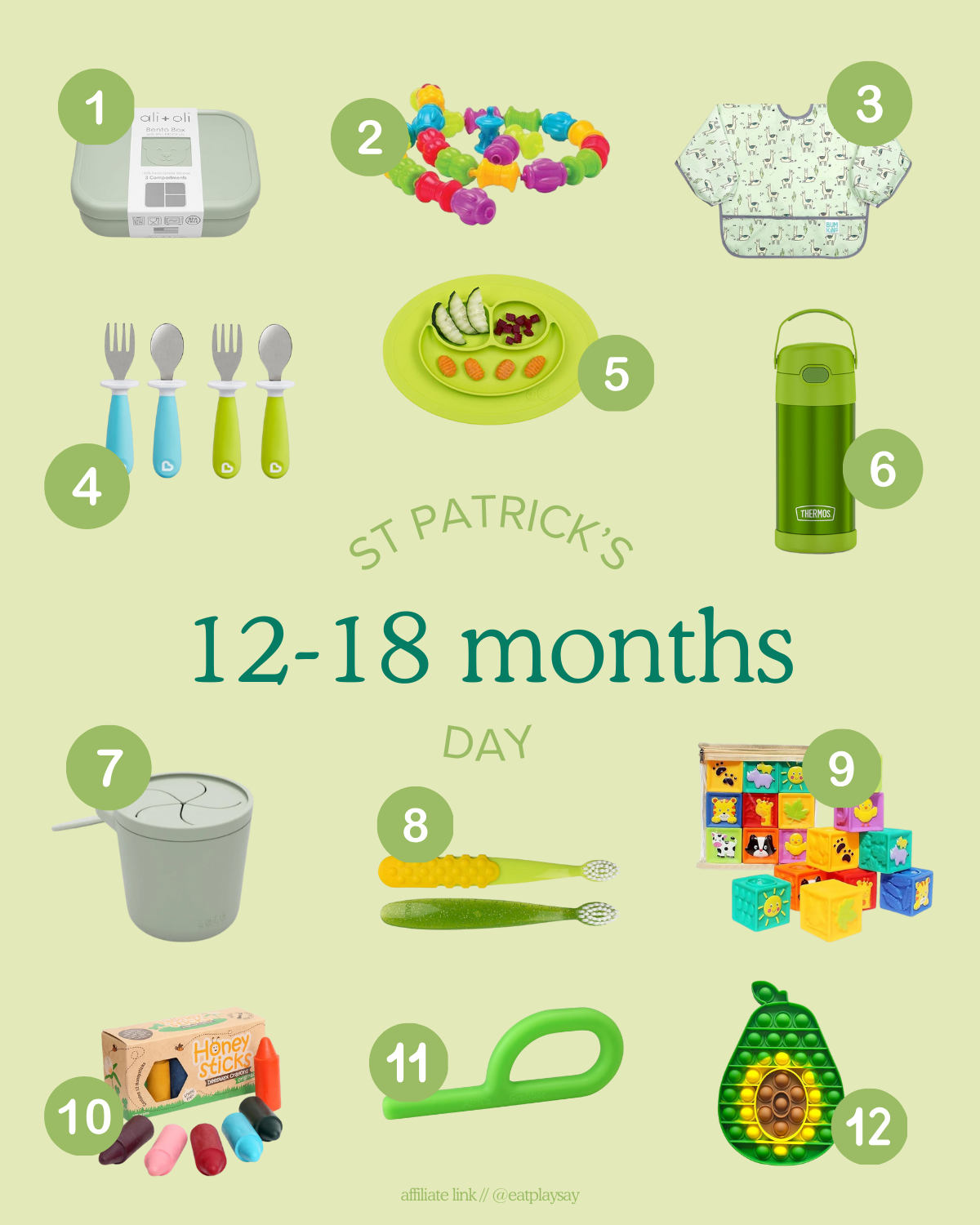 round up graphic of practical and fun St. Patty's Day gifts for 1 year olds