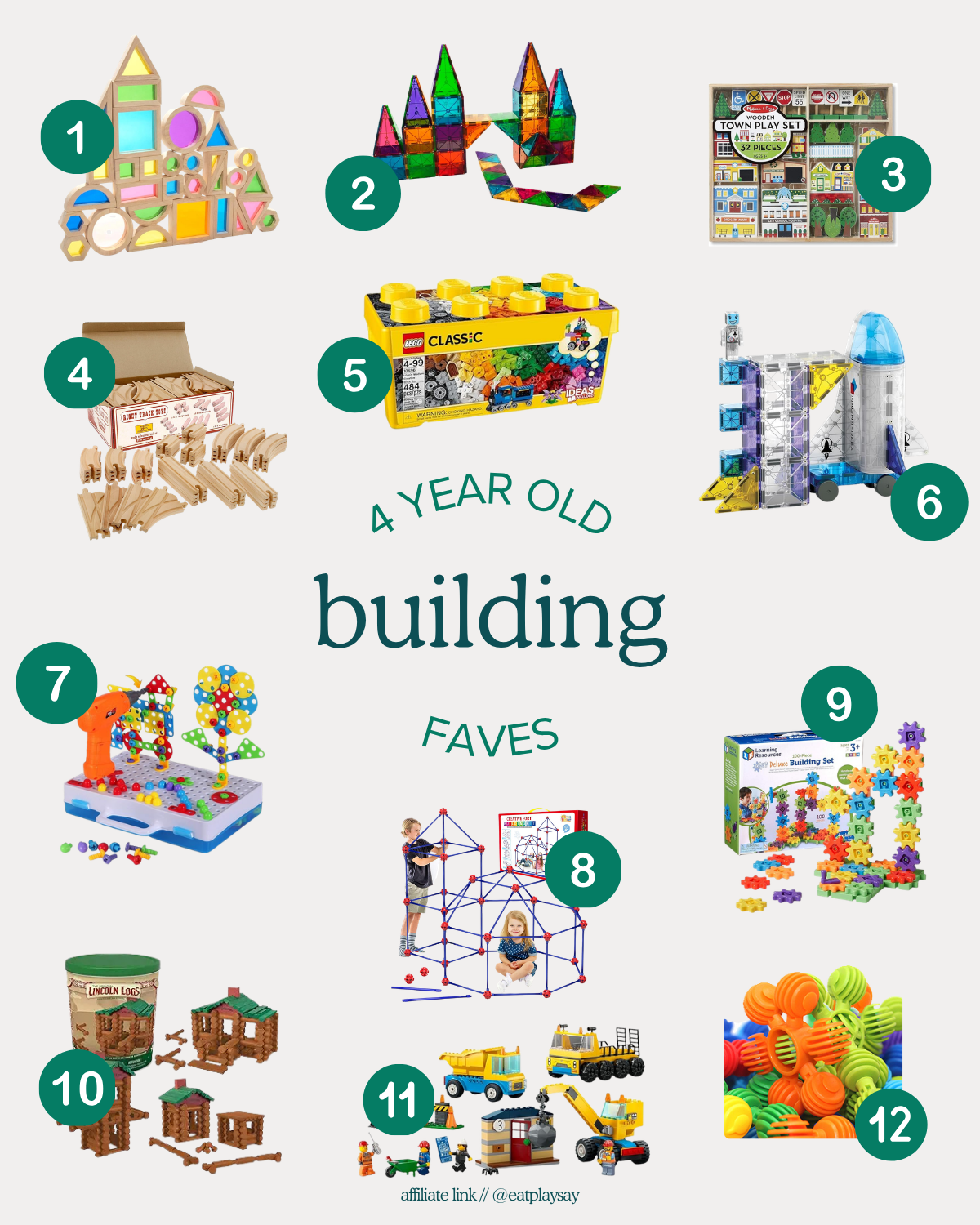 Collage of 12 building toys featured in our gift guide for 4-year-olds, including train tracks, lego sets, and STEM toys