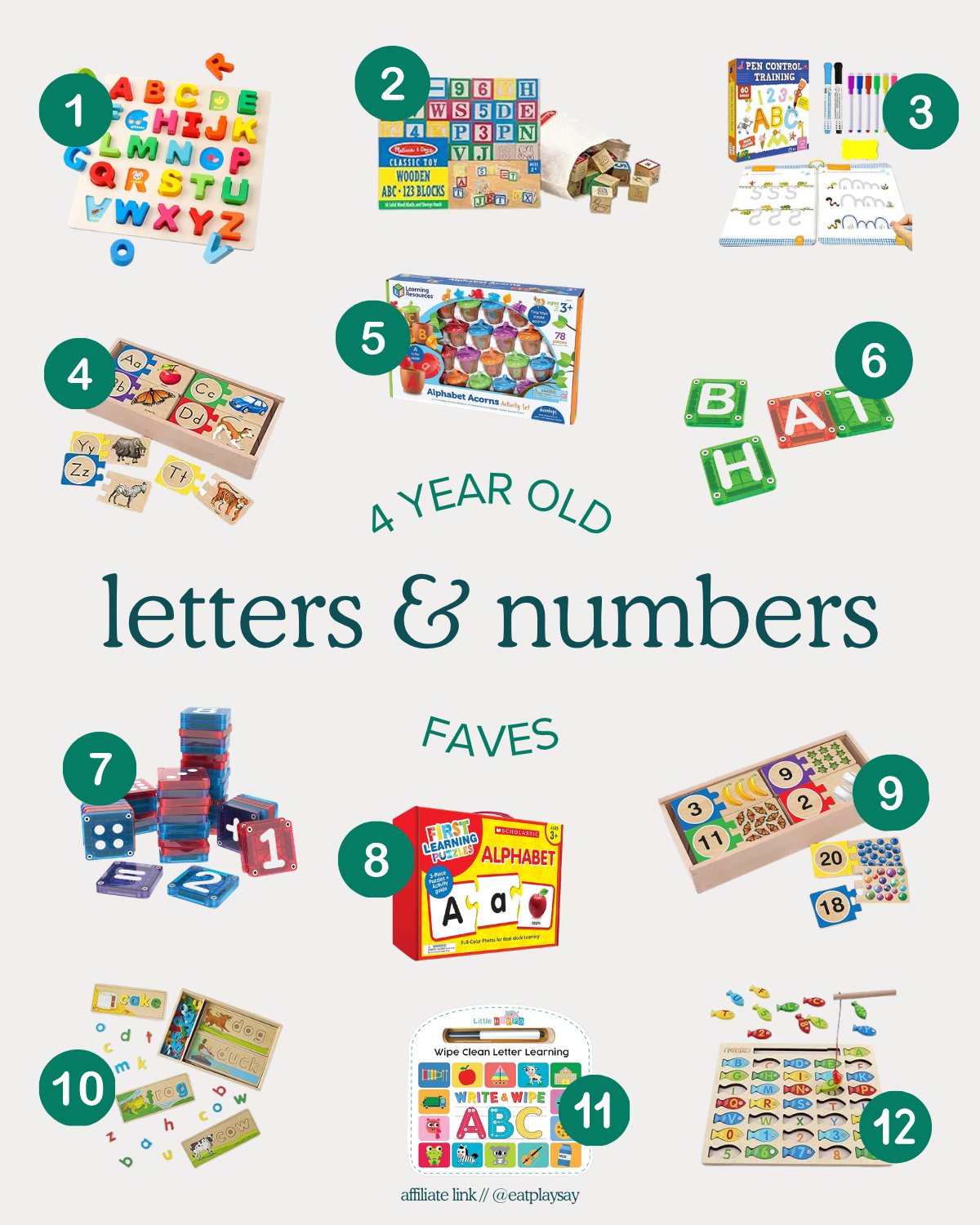 Collage of 12 learning toys featured in our gift guide for 4-year-olds, including alphabet and number puzzles and manipulatives