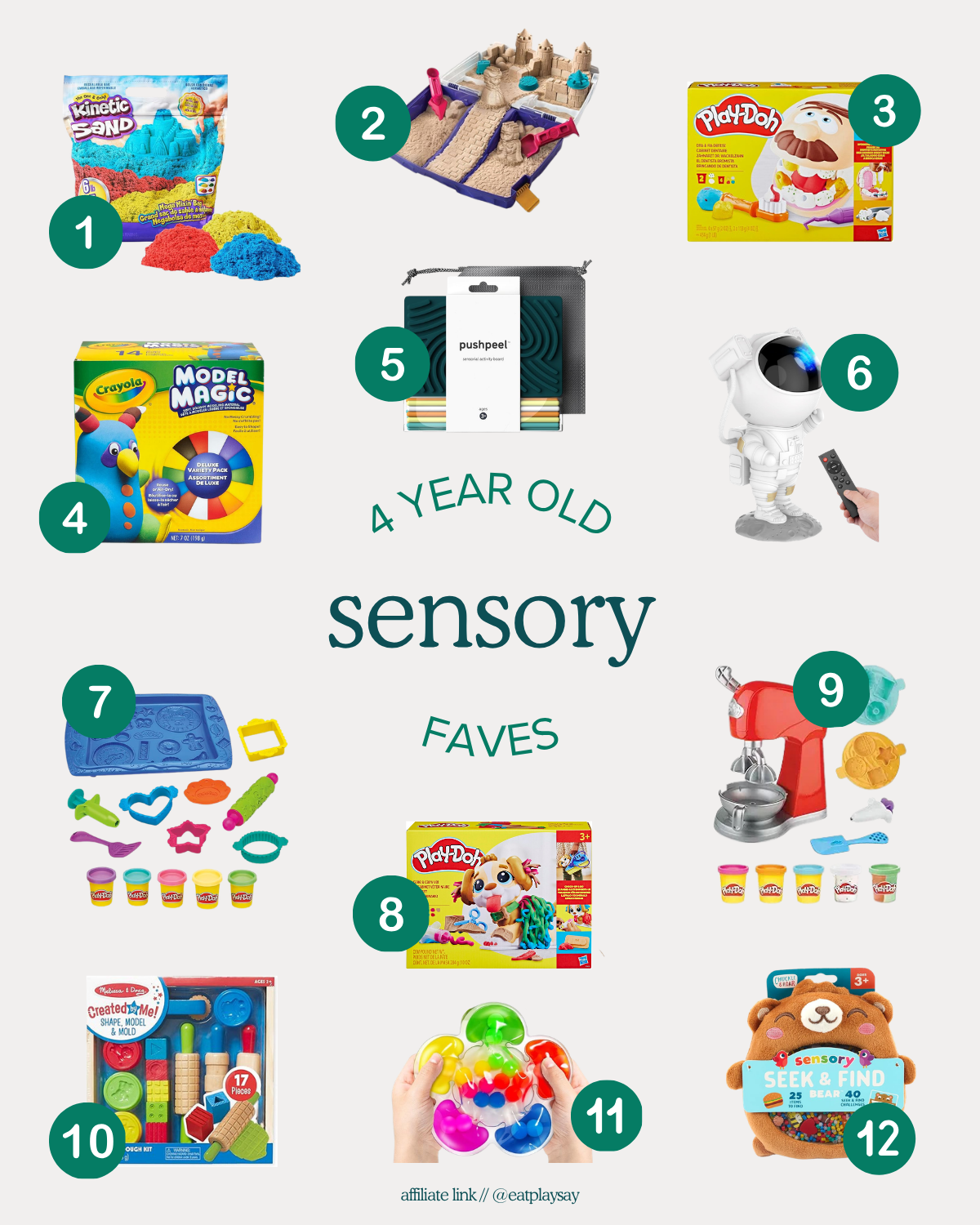 Collage of 12 sensory-based toys featured in our gift guide for 4-year-olds, including play-doh, kinetic sand, and modeling clay