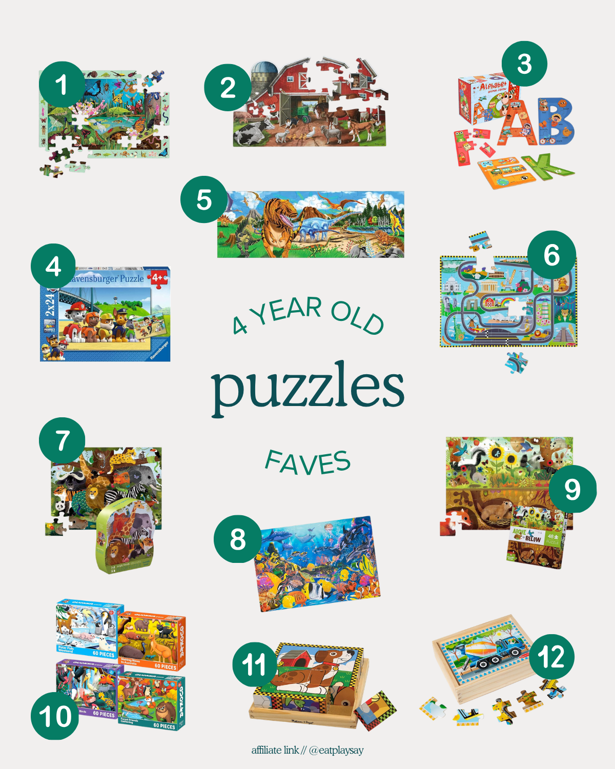 Collage of 12 puzzles featured in our gift guide for 4-year-olds, including 24 piece and 48 piece puzzles